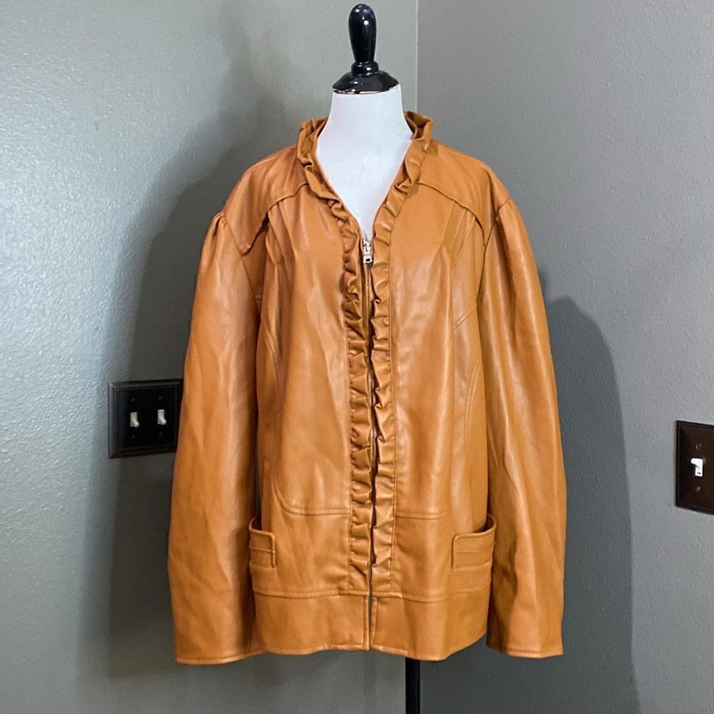 Monroe and Main Vegan Leather Jacket Ruffle Caramel Brown Color Plus